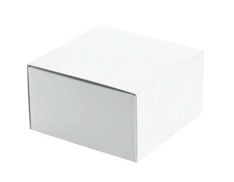 A blank, white, folded cardboard box on a transparent background, slightly angled - Powered by Adobe