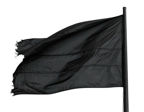 A stark, isolated shot of a billowing, tattered black flag against a void background