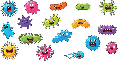Collection of cartoon bacteria and viruses with various expressions germ microbe
