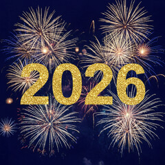 Happy New Year 2026 Gold Glitter Text Overlay Against a Backdrop of Brilliant Fireworks Exploding in a Dark Night Sky, Symbolizing Celebration, Success, and Future Optimism