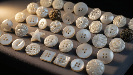 Assortment of vintage mother of pearl buttons on a gray surface
