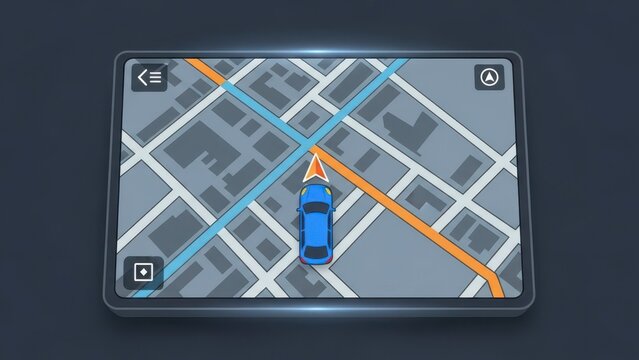 GPS Navigation System Displaying a Car Route on a City Map.