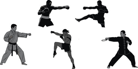 Five diverse martial artists in action poses with distinct clothing and fighting styles
