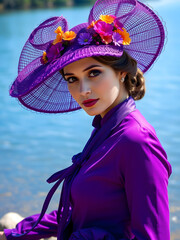 Dama de la Orilla: Figura Femenina con Atuendo Morado y Sombrero Ornamentado