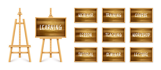 Wooden chalkboard on easel. Blackboard in wooden frame on a tripod. Presentation board with text, writing or drawing surface. Online studying, e-learning and education. Vector illustration