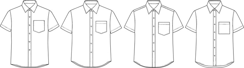 Four black and white line drawings of short sleeve button down shirts with pockets © Riyaj Vector Valley