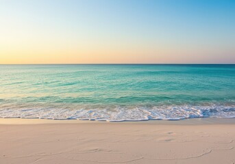 Obraz premium Golden hour light washing over warm, expansive white sand and gentle turquoise ocean waves under a bright, clear summer sky, coastal, waves, coastline