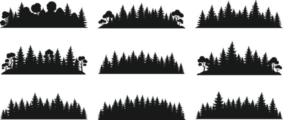 Nine black silhouette forest borders with pine trees and deciduous trees vector