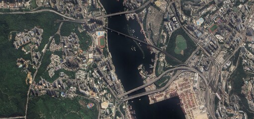 Aerial Satellite View of Rambler Channel Bridges and Hong Kong Urban Landscape