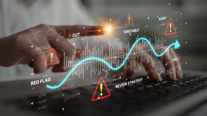 Economic caution visual showing risk alerts and financial volatility. Warning signs highlight economic downturn, market risk, finance crisis, and uncertainty in data-driven analysis. Spline