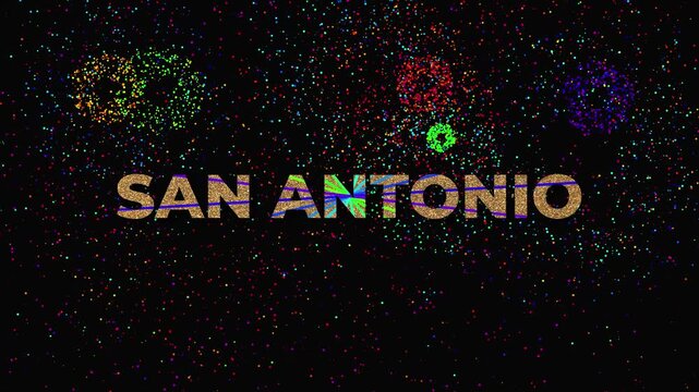 Large Golden Text with colored lines SAN ANTONIO and many colored fireworks in random mode on black background