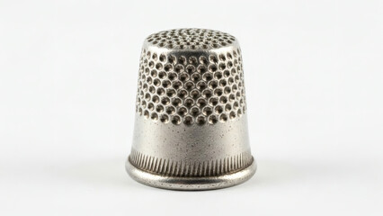 Close up of a metal thimble with a pattern of small round indentations