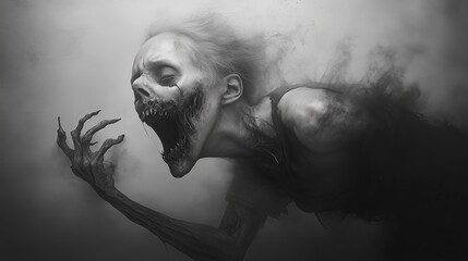 A ghostly figure with a distorted face reaches out from the shadows, evoking horror, mystery, and supernatural dread, fear, suspense, cinematic terror, scary dark nightmare horror creature