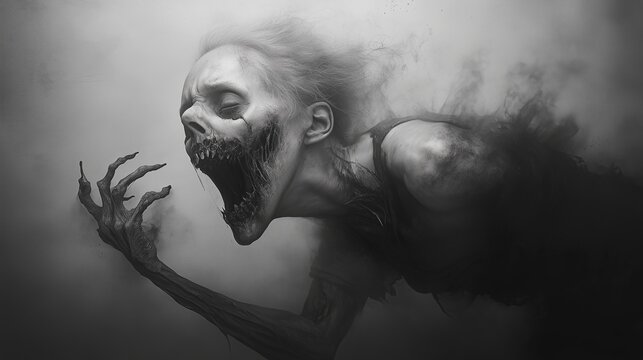 A ghostly figure with a distorted face reaches out from the shadows, evoking horror, mystery, and supernatural dread, fear, suspense, cinematic terror, scary dark nightmare horror creature