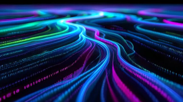 Dynamic digital data flow in vibrant blue and purple neon light streams, technology