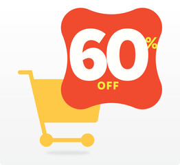 60% off, advertising, promo, sale, design, poster, shop cart, discount, offer, clearance, tag. Market, store, vector, shape, set, icon. sign, retail, annual, banner