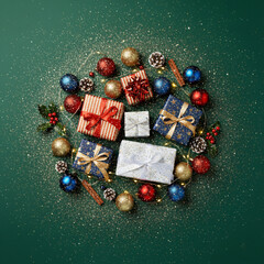 Overhead View of Christmas Gifts and Ornaments Arranged in a Festive Circle with Fairy Lights and Gold Glitter on a Dark Green Background, Representing Holiday Shopping and Seasonal Celebration