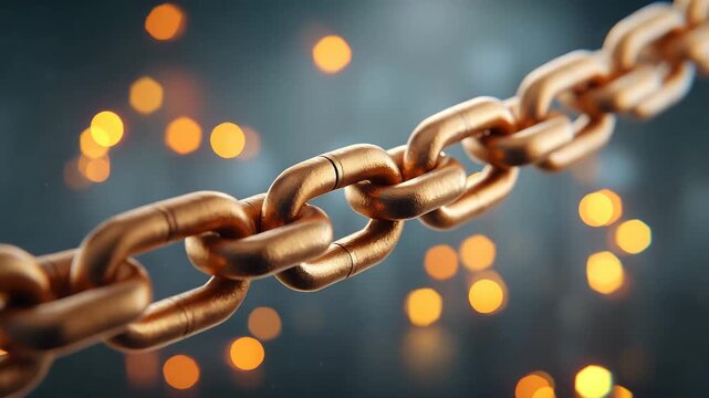 Golden metal chain closeup with sparkling bokeh lights representing strength and connection
