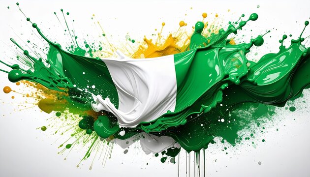 Nigeria flag bursts with dynamic green and white paint splatters, symbolizing national pride and artistic expression. The image conveys energy, patriotism, and vibrant creativity.