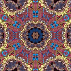 Seamless abstract graphic kaleidoscope pattern square flower shape with pink, yellow and blue colours . Summer tropical oriental ornament concept