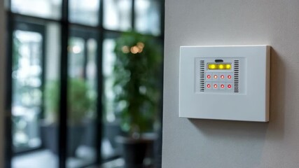 Medium shot of a residential alarm panel with illuminated indicators demonstrating active security status and easy homeowner access