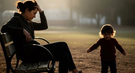 Exhausted woman sitting on park bench with child. Difficult parenting and challenges of raising children with neurodiversity. Autism spectrum disorder concept.