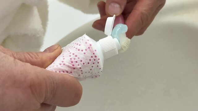unrecognizable girl hand squeezing white toothpaste onto purple toothbrush and wets it with water. concept of maintaining personal hygiene. Morning or evening routine. . High quality 4k 