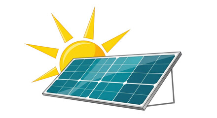 Sleek rectangular teal solar panel with grey lines, bright yellow stylized sun emitting triangular rays rising from behind, transparent minimalist background with copy space, modern sustainable energy
