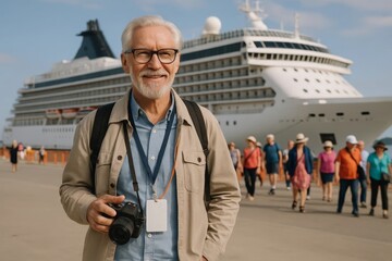 Smiling senior traveler with camera at a port, cruise ship in background. Casual portrait of vacation adventure, tourism, and ocean voyage.