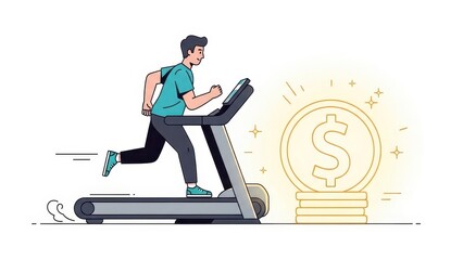 Man Running on Treadmill with Stack of Coins Symbolizing Financial Fitness.