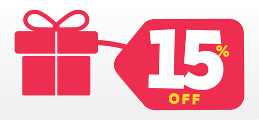 15%, purchase, promo, box, label, commerce, price, value, discount, store, marketing. Vacation, holiday, happy, birthday, special, box, gift, december, Merry Christmas, party. Icon, vector, shape