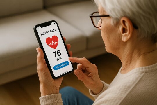 Older woman uses a smartphone heart rate app at home to measure pulse. Simple digital health monitoring.