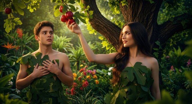 Woman tempting man with forbidden fruit, representing the biblical story of Adam and Eve in the Garden of Eden and the fall from grace.