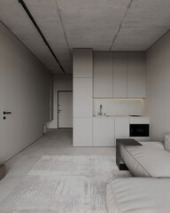 Clean studio interior featuring a neutral bedroom, built-in cabinetry, and minimalist décor in soft natural light.