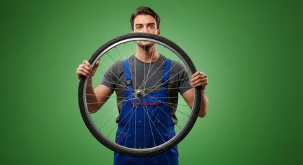 Man in blue overalls holding a bicycle wheel for display. Bike mechanic showing wheel for repair service.