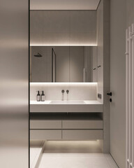 Bright bathroom interior with sleek cabinetry, large mirror, and clean minimalist finishes.