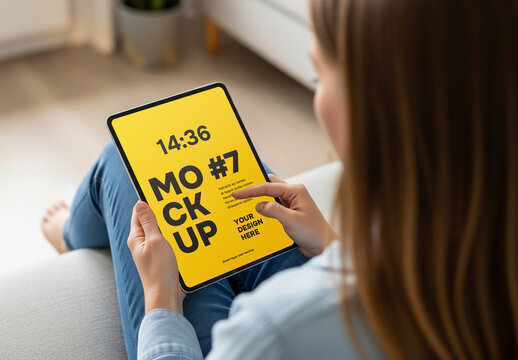A woman using a tablet pc mockup