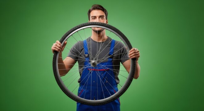 Man in blue overalls holding a bicycle wheel for display. Bike mechanic showing wheel for repair service.