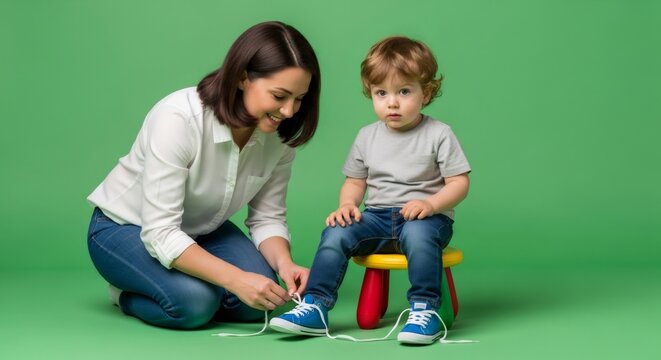 Woman tying shoelaces for boy on stool. Parent helping child with shoe on green screen background. Family help and care concept.