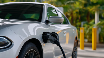 Hyper-realistic cinematic video of a white electric car charging at an outdoor EV charging station. Bright natural daylight, soft sunny lighting with gentle reflections on the glos