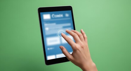 Woman hand interacting with a tablet on green screen. Digital device for chromakey effect. Technology concept for advertising.