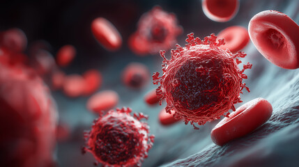 A striking microscopic view showcasing red blood cells alongside vibrant viruses, illustrating the battle between the body's defenses and pathogens.