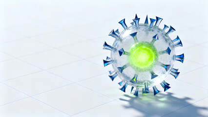 3D render of virus particle with blue spikes on white background