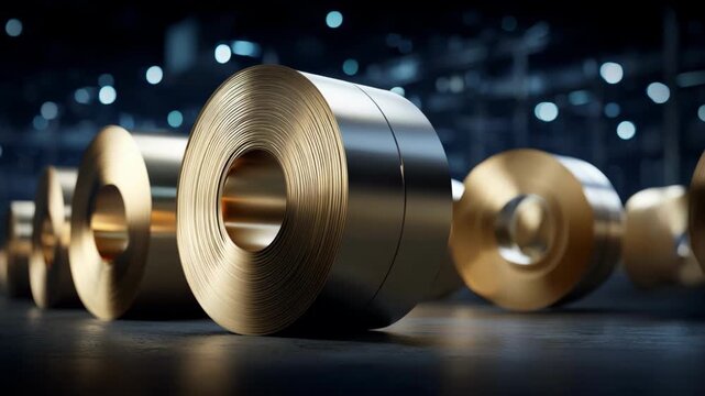 Medium shot of brass sheets undergoing cold rolling highlighting improved hardness and uniform thickness in an industrial setting
