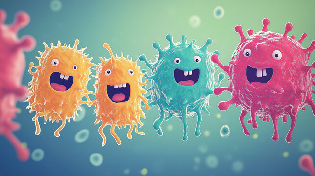A playful group of cartoonish, colorful germs with big smiles, showcasing a lighthearted take on microbiology against a vibrant, abstract background.