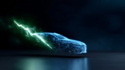 futuristic electric car icon formed from interconnected glowing polygonal lines, triangles, and digital particles, left side shaped as a bright green lightning bolt and right side