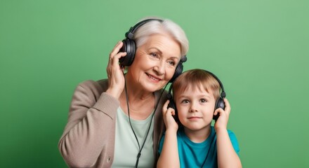 Happy elderly woman and kid listening to music with headset. Family enjoy sound on green screen background. Effect for chromakey.