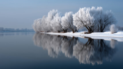 A serene winter landscape featuring a perfectly still lake reflecting a row of frost-covered trees. Each tree is coated in thick, white rime frost, creating soft, feathery branches