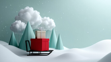 minimalist winter holiday landscape in clean flat vector style, soft pastel colors, wide horizontal composition. light mint-green sky covering the entire upper part of the canvas,