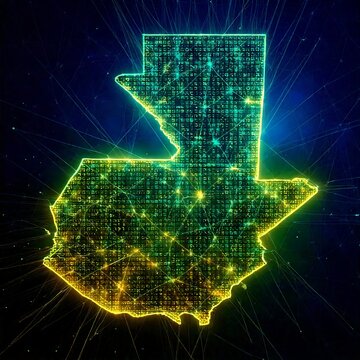 Guatemala map glows with a neon grid, blending technology, geography, and futuristic design. The image captures innovation, national identity, and striking artistry.